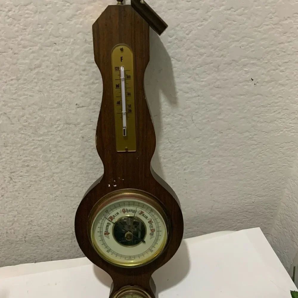 VINTAGE 15 1/2" HIGH WESTERN GERMANY BAROMETER TEMPERATURE WALL HANG GAUGE